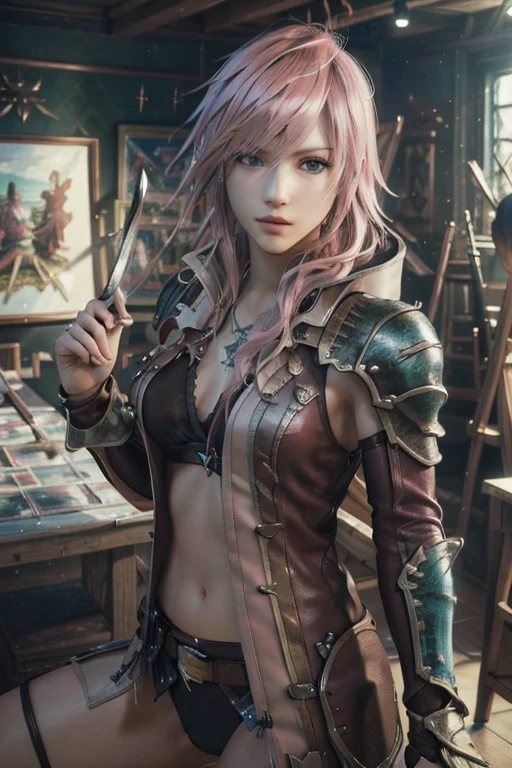 ( masterpiece,Best Quality, 4K, 8k,  high definition, masterpiece:1.2), Super detailed, (Realistic, photoRealistic, photo-Realistic:1.37) ,Lightning(Final Fantasy XIII),(Final Fantasy XIIIスタイル),Her hair is bright pink , (Realisticな肌),Beautiful Skin,Beautiful light blue eyes, beautiful details in her eyes ,smile , Lightningの衣装,Handling a sword ,超 high definition,  studio lighting in the studio,  ultra-fine painting, professional,  vibrant colors, 超 high definition,  studio lighting in the studio,  ultra-fine painting, Sharp focus,  physically-based rendering, professional,  vibrant colors,(((Best Quality))), ((Super detailed)),((masterpiece:1.5)), Detailed Photos, (Best Quality: 1.4), 超 high definition, High image quality,Perfect fingers,Perfect limbs,Perfect Fingers