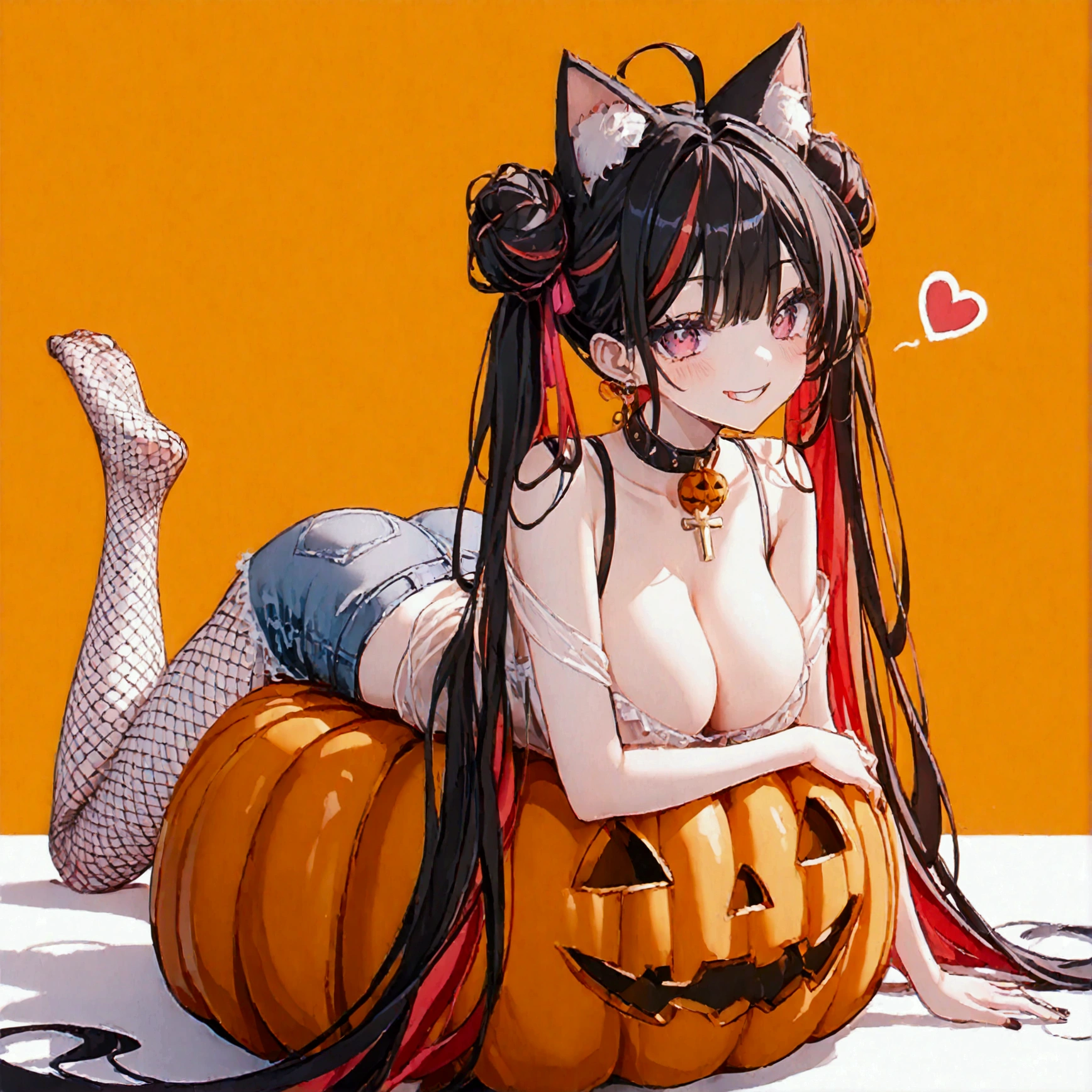 1woman, (20 years old, Tall), black hair, streaked hair, colored inner hair, twin tails, very long hair, heart hair bun, mole under eye, pupils sparkling, cat ears, grin, tongue, big breast, (big ass), Slender, long legs:1.2, UHD, masterpiece, textured skin, best quality, (high res),  I'm wearing a long-sleeved oversized see-through Halloween costume and denim-shorts with fur, sexy fishnet tights , Halloween Hats,  Halloween props , Sitting on a big pumpkin:1.5, sitting on big-jack o lantern, head hollowed out, Butt stuck , (cross-legged:1.5, ), whole body, Shadow of light ,  expressive eyes,  grave and jack-o-lantern on the left and right , black castle silhouette, Orange Background, Illustrated, looking straight into the camera:1.2