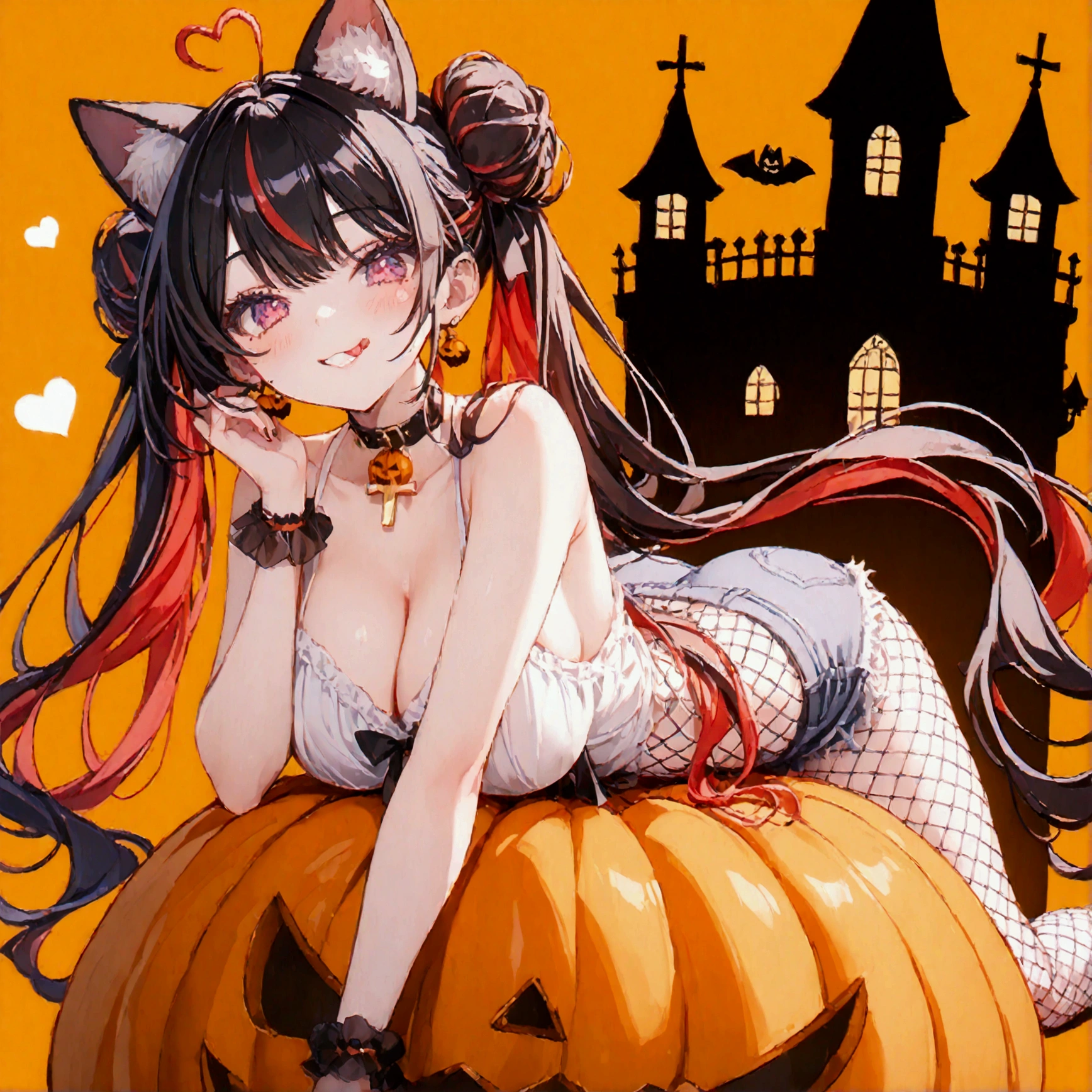 1woman, (20 years old, Tall), black hair, streaked hair, colored inner hair, twin tails, very long hair, heart hair bun, mole under eye, pupils sparkling, cat ears, grin, tongue, big breast, (big ass), Slender, long legs:1.2, UHD, masterpiece, textured skin, best quality, (high res),  I'm wearing a long-sleeved oversized see-through Halloween costume and denim-shorts with fur, sexy fishnet tights , Halloween Hats,  Halloween props , Sitting on a big pumpkin:1.5, sitting on big-jack o lantern, head hollowed out, Butt stuck , (cross-legged:1.5, ), whole body, Shadow of light ,  expressive eyes,  grave and jack-o-lantern on the left and right , black castle silhouette, Orange Background, Illustrated, looking straight into the camera:1.2