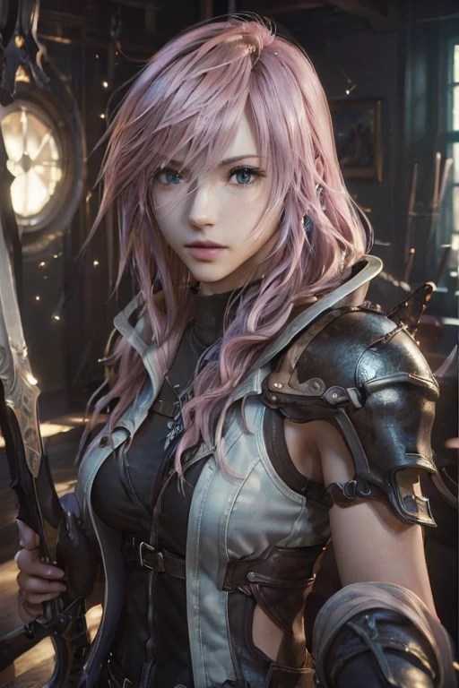 ( masterpiece,Best Quality, 4K, 8k,  high definition, masterpiece:1.2), Super detailed, (Realistic, photoRealistic, photo-Realistic:1.37) ,Lightning(Final Fantasy XIII),(Final Fantasy XIIIスタイル),Her hair is bright pink , (Realisticな肌),Beautiful Skin,Beautiful light blue eyes, beautiful details in her eyes ,smile , Lightningの衣装,Handling a sword ,Chocobo,超 high definition,  studio lighting in the studio, Ultra-fine painting, professional,  vibrant colors, 超 high definition,  studio lighting in the studio, Ultra-fine painting, Sharp focus,  physically-based rendering, professional,  vibrant colors,(((Best Quality))), ((Super detailed)),((masterpiece:1.5)), Detailed Photos, (Best Quality: 1.4), 超 high definition, High image quality,Perfect fingers,Perfect limbs,Perfect Fingers