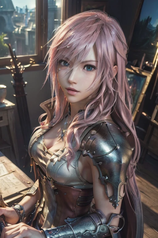 ( masterpiece,Best Quality, 4K, 8k,  high definition, masterpiece:1.2), Super detailed, (Realistic, photoRealistic, photo-Realistic:1.37) ,Lightning(Final Fantasy XIII),(Final Fantasy XIIIスタイル),Her hair is bright pink , (Realisticな肌),Beautiful Skin,Beautiful light blue eyes, beautiful details in her eyes ,smile , Lightningの衣装,Handling a sword ,Chocobo,超 high definition,  studio lighting in the studio, Ultra-fine painting, professional,  vibrant colors, 超 high definition,  studio lighting in the studio, Ultra-fine painting, Sharp focus,  physically-based rendering, professional,  vibrant colors,(((Best Quality))), ((Super detailed)),((masterpiece:1.5)), Detailed Photos, (Best Quality: 1.4), 超 high definition, High image quality,Perfect fingers,Perfect limbs,Perfect Fingers