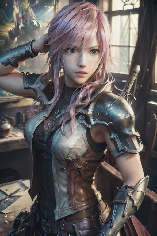 ( masterpiece,Best Quality, 4K, 8k,  high definition, masterpiece:1.2), Super detailed, (Realistic, photoRealistic, photo-Realistic:1.37) ,Lightning(Final Fantasy XIII),(Final Fantasy XIIIスタイル),Her hair is bright pink , (Realisticな肌),Beautiful Skin,Beautiful light blue eyes, beautiful details in her eyes ,smile , Lightningの衣装,Handling a sword ,Chocobo,超 high definition,  studio lighting in the studio, Ultra-fine painting, professional,  vibrant colors, 超 high definition,  studio lighting in the studio, Ultra-fine painting, Sharp focus,  physically-based rendering, professional,  vibrant colors,(((Best Quality))), ((Super detailed)),((masterpiece:1.5)), Detailed Photos, (Best Quality: 1.4), 超 high definition, High image quality,Perfect fingers,Perfect limbs,Perfect Fingers