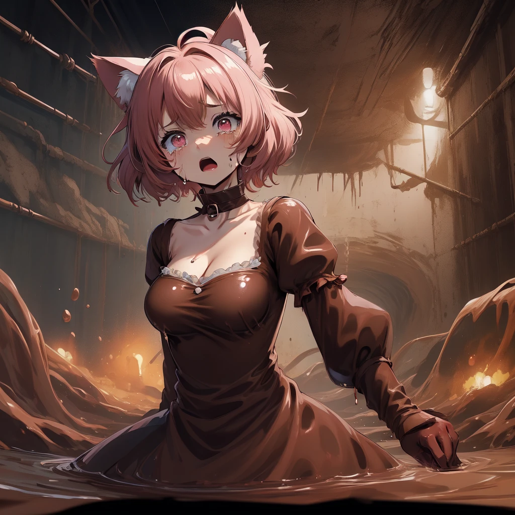 ((top quality, 8k wallpaper)),(masterpiece, best quality),extremely detailed,high definition,(official art:1.3),(((anime screencap,black outline))),1girl,solo,scared,panicking,constricted pupils,screaming,raised eyebrows,wide-eyed,crying,tears, BREAK mi1,pink choker,cat girl,short hair,cat ear,pink hair,choker,large breasts,magical girl,cleavage,detached sleeves,dress,gloves,pink dress,puffy detached sleeves,puffy sleeves,red gloves,ribbon,tail,tail bell,tail bow,tail ornament,bow,cat tail, BREAK (((partially submerged,brown slime (substance),submerged,guro,wet,brown food on head))),