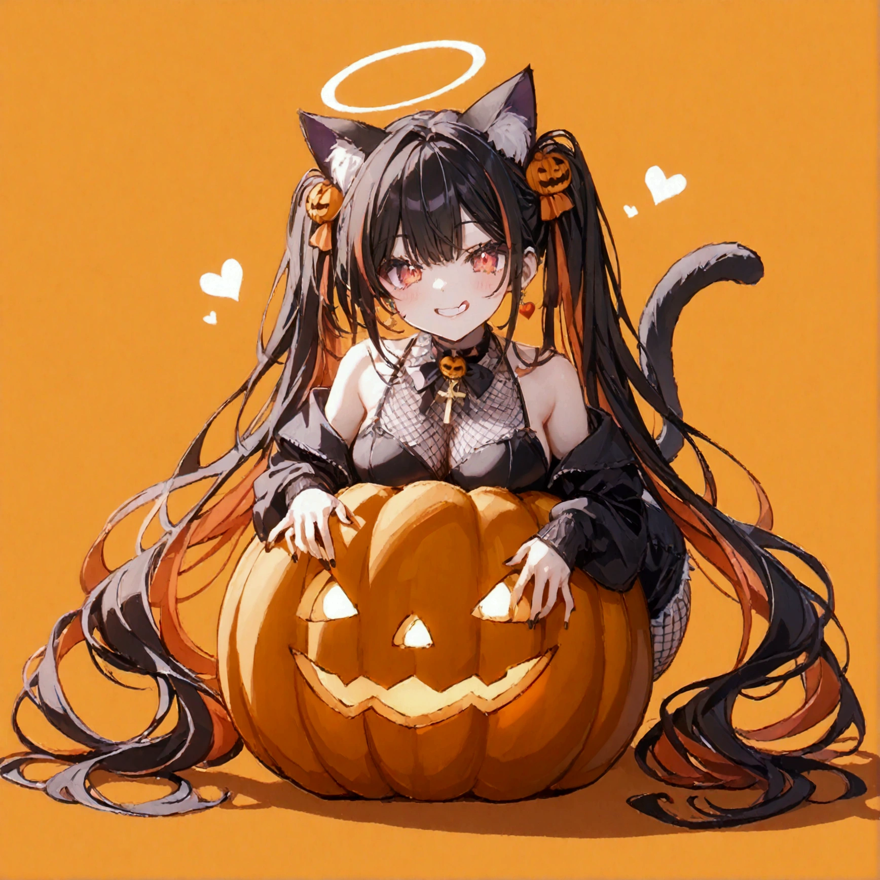 1woman, (20 years old, Tall), black hair, streaked hair, colored inner hair, twin tails, very long hair, heart hair bun, mole under eye, pupils sparkling, cat ears, grin, tongue, big breast, (big ass), Slender, long legs:1.2, UHD, masterpiece, textured skin, best quality, (high res), I'm wearing a long-sleeved oversized see-through Halloween costume and black denim-shorts with fur, sexy fishnet tights , Halloween Hats,  Halloween props , Sitting on a big pumpkin:1.5, sitting on big-jack o lantern, head hollowed out, Butt stuck , (cross-legged:1.5, ), whole body, Shadow of light ,  expressive eyes,  grave and jack-o-lantern on the left and right , black castle silhouette, Orange Background, Illustrated, looking straight into the camera:1.2