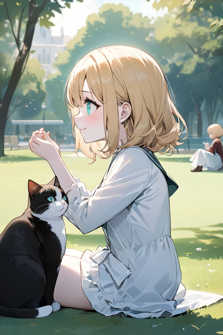 (masterpiece, Best Quality, Super detailed:1.4), cute, Art and academia,
 1 girl, short, slender,  white skin,  blonde medium hair,  half up , Big Eyes, Aqua Eye,
 happy , smile,  staring at cat , Sit-in, Putting hands on cat's head , In the park, from side, Dealing with cats,