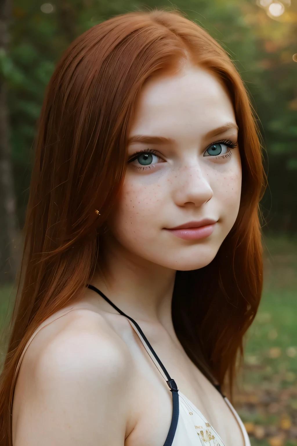 a young  girl, redhead, cinematic, The portrait showcases a young (redhead girl:1.3) with a shy and innocent demeanor, blueish eyes, sensual slim face, big lips, and shorts, Her hair is styled sleek and straight, elegantly framing her face with adorable long hairl .Her face is illuminated by gentle lighting, highlighting her delicate features. The girl's eyes sparkle with a hint of curiosity and her lips form a subtle, shy smile. The background consists of a ourtoor nature autum scenery muted and warm-toned setting, providing a calm and serene atmosphere. The composition focuses on the girl's face, capturing the intricate details of her flawless pale skin with freckles, The overall image exudes a sense of tranquility and captures the innocence and gentleness of youth, she have small breasts, shiny latex bikiny