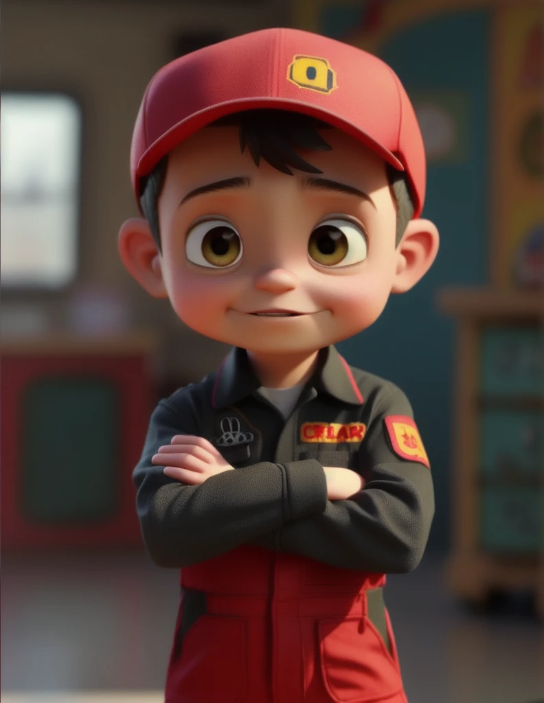 Create an extremely realistic and detailed 3D character in the style of Pixar films. The character should be inspired by the reference avatar provided, featuring a cute and angelic appearance. Ensure there are no wrinkles on the forehead and that he is bald, prominently wearing a red cap with small automotive details, such as a tag or tool symbol. He should have a full mechanic's body, dressed in a mechanic's jumpsuit in red and black, standing with his arms crossed. He should also have a well-groomed beard. The image should showcase highly detailed textures for the body and clothing, soft lighting, and a realistic touch that perfectly captures the Pixar style.
