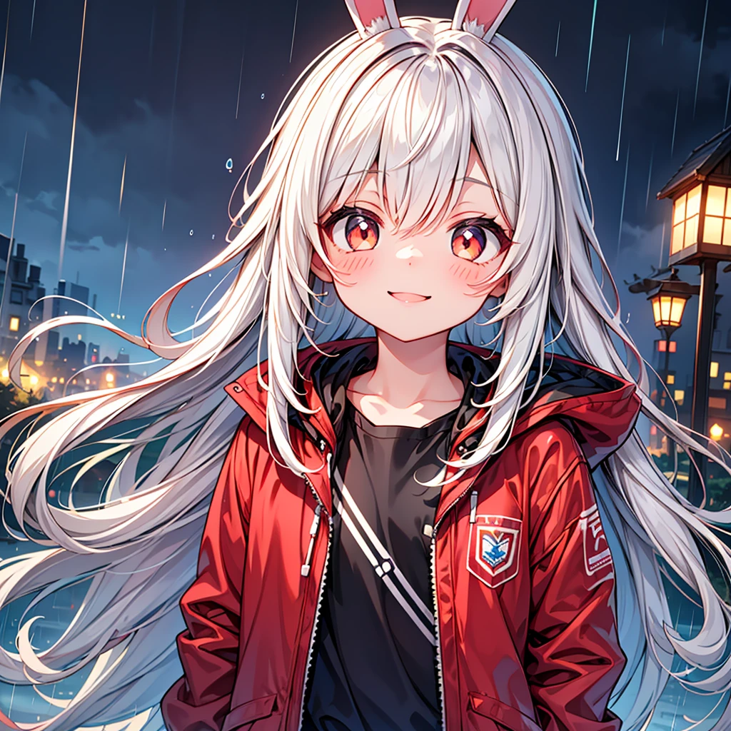 Handsome guy, bunny ears, white hair ,red jacket, black shirt, smile, rainy