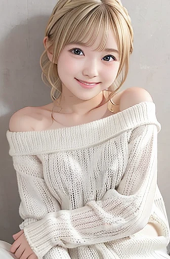 baby face、smile、 small breasts、Baby Face、 cute girl 、 off shoulder knitted sweater、 semi-long 、Blonde