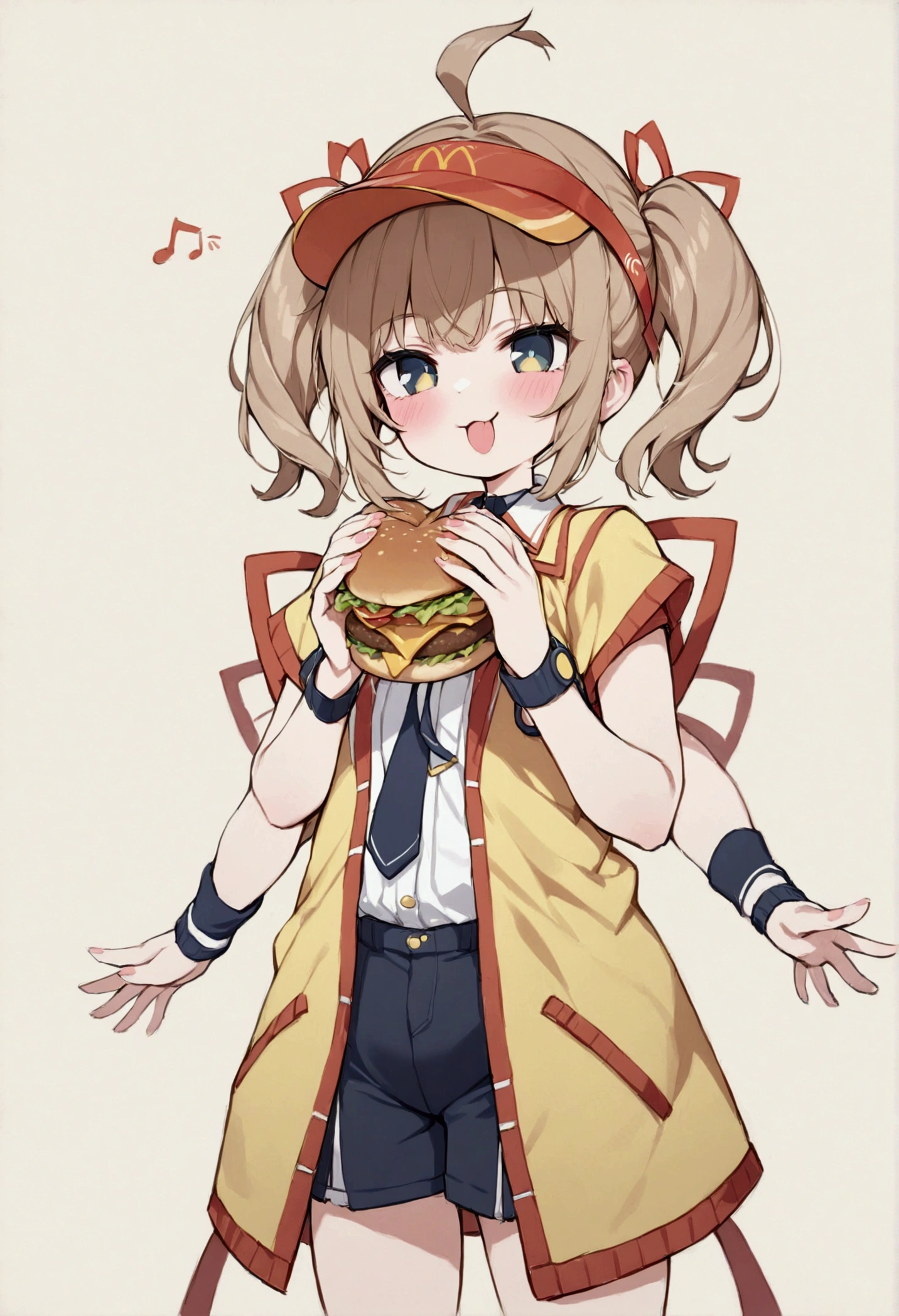 (Best Quality,Super detailed, high definition,masterpiece:1.2),A girl wearing a sun visor ,  is holding a McDonald's double cheeseburger and eating,Attached to a double cheeseburger , dynamic angle,  unbroken illustrations, Note the depiction of fingers and arms , break,  happy expression 