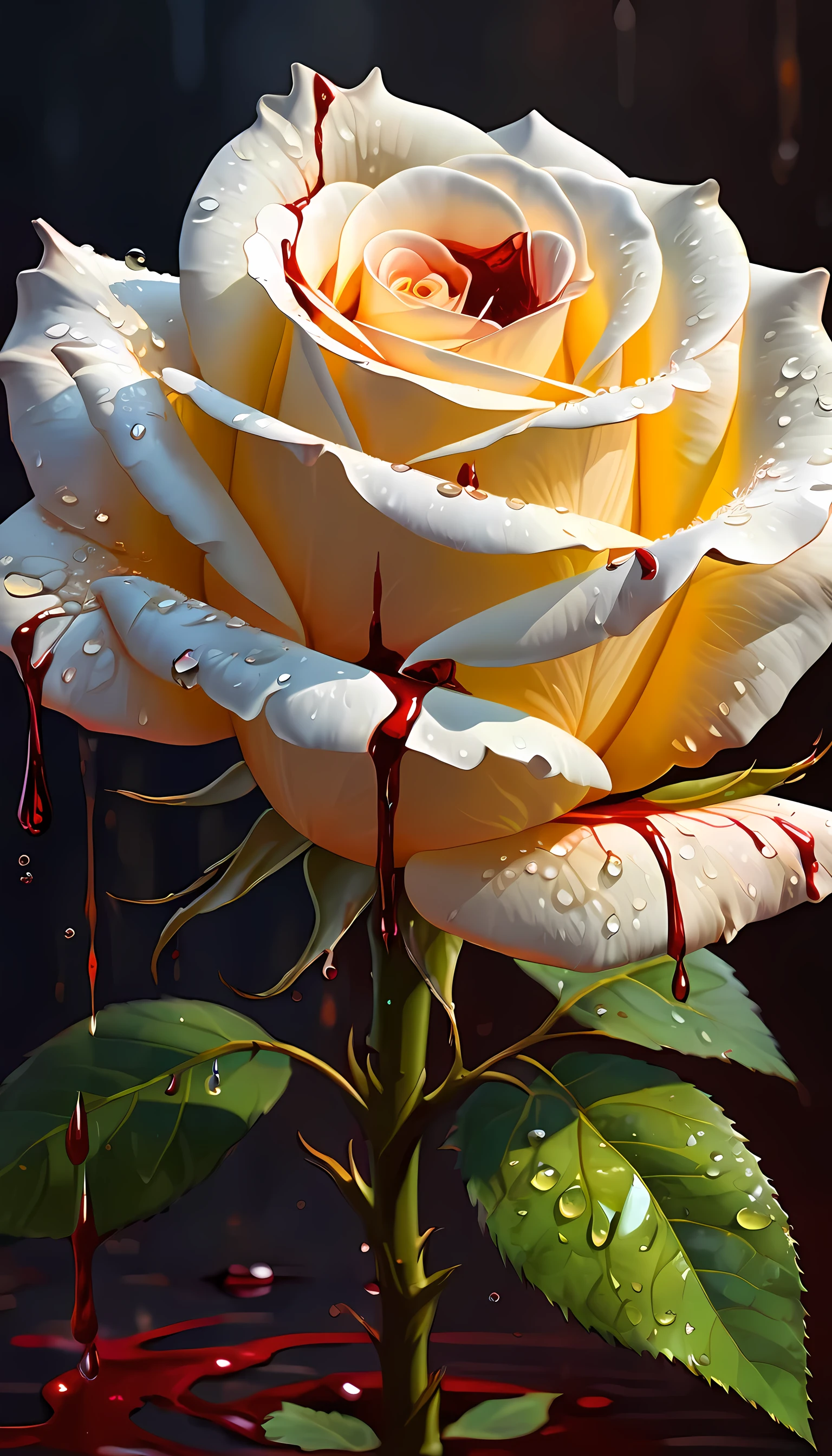 score_9, score_8_up, score_7, arafed high details, best quality, 16k, (ultra detailed: 1.5), masterpiece, best quality, (extremely detailed), RAW, dnd art, fantasy art, an close up picture of a white rose, there is a (drop of blood: 1.3) on its thorn dynamic fantasy background, Blood_Covered