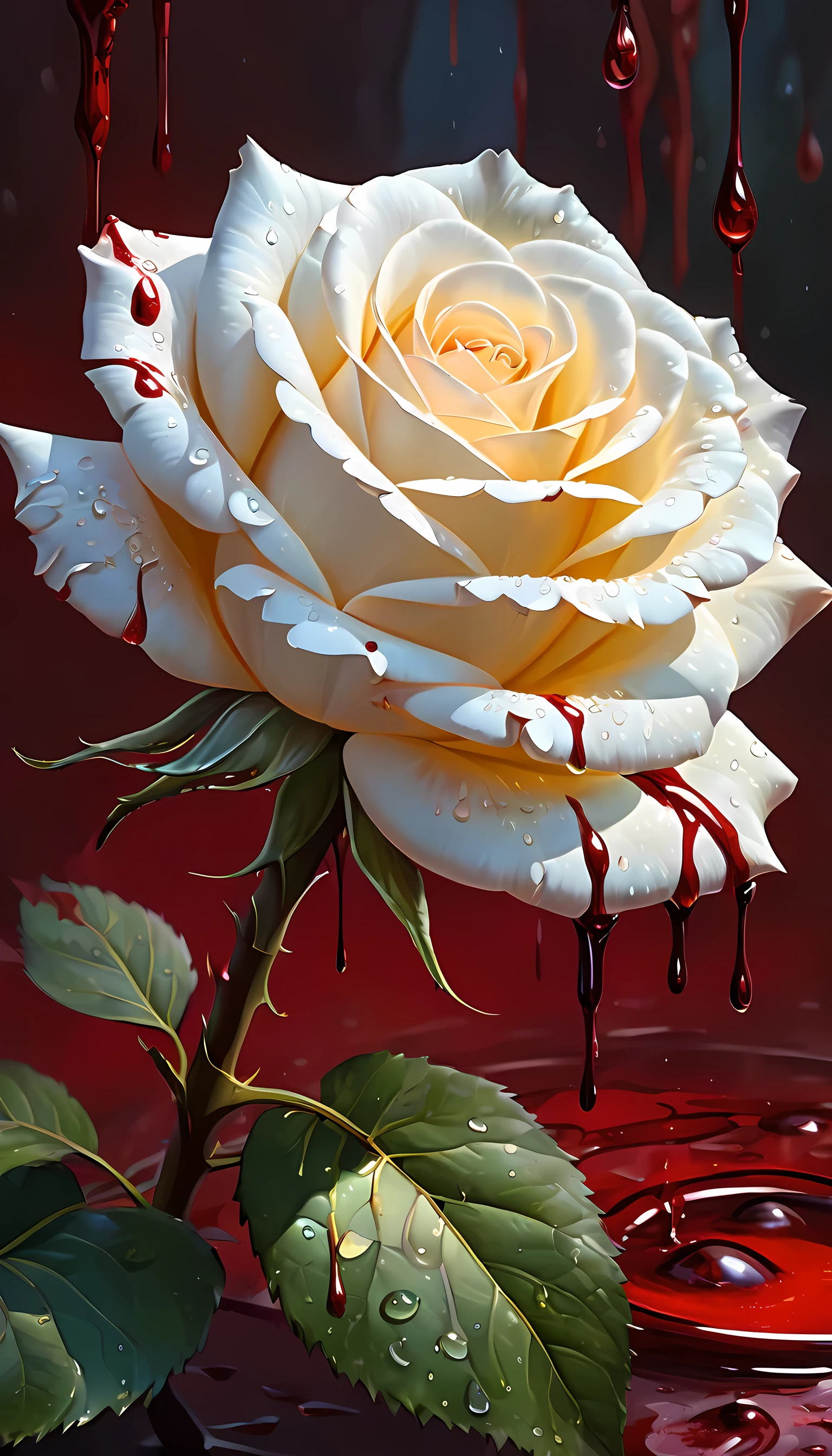 score_9, score_8_up, score_7, arafed high details, best quality, 16k, (ultra detailed: 1.5), masterpiece, best quality, (extremely detailed), RAW, dnd art, fantasy art, an close up picture of a white rose, there is a (drop of blood: 1.3) on its thorn dynamic fantasy background, Blood_Covered