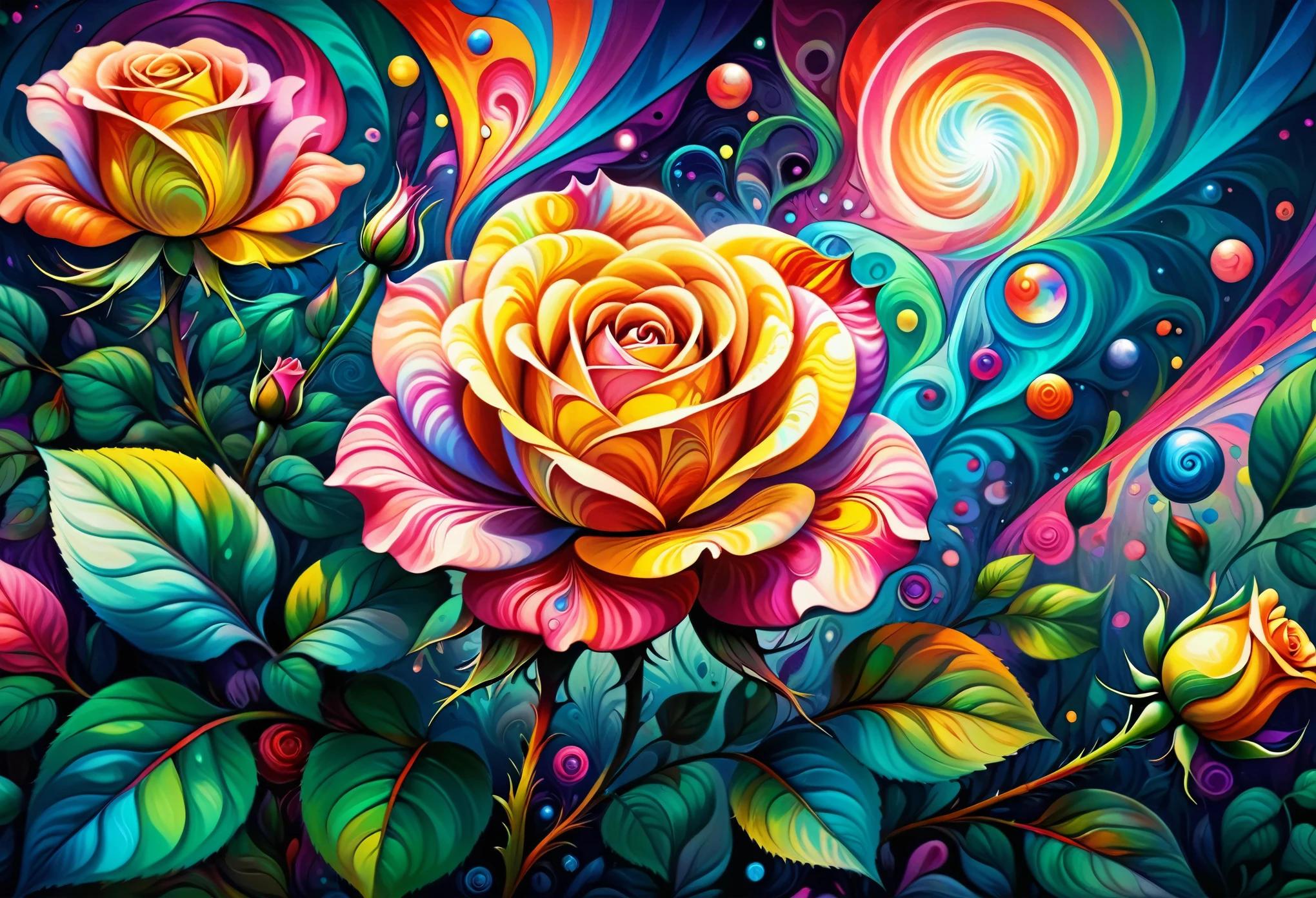 (((Mystical rose garden, Twisted World, Untouched nature))), Controlling time and space, Beautiful rose drawing, Energy ripples, Distorted rose background, (Beautiful LSD art:1.3), Psychedelic Trance, (Crystal glow:1.1), Energy merging and vibrating, Digital painting, Chromatic, Mental illness, Mental illnessアートスタイル,  psychedelic art, Colorful reflections，refraction， background blur, Minimal geometry, an explosion of colors , LSD Trip, Psychedelic colors and shapes, Effects of LSD, Art pop, LSD vision,  high definition,  high definition,  Attention to Details, masterpiece:1.2,