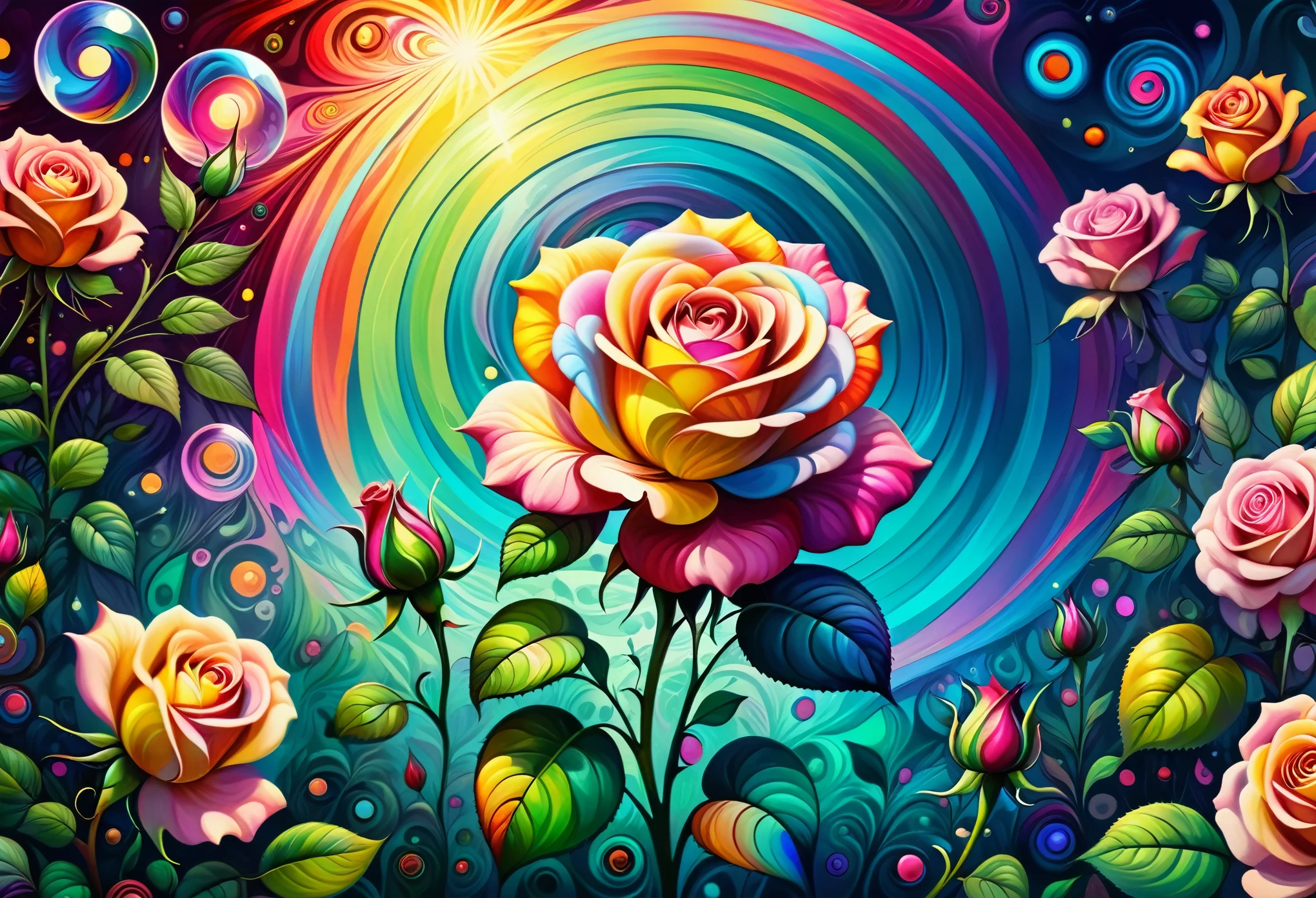 (((Mystical rose garden, Twisted World, Untouched nature))), Controlling time and space, Beautiful rose drawing, Energy ripples, Distorted rose background, (Beautiful LSD art:1.3), Psychedelic Trance, (Crystal glow:1.1), Energy merging and vibrating, Digital painting, Chromatic, Mental illness, Mental illnessアートスタイル,  psychedelic art, Colorful reflections，refraction， background blur, Minimal geometry, an explosion of colors , LSD Trip, Psychedelic colors and shapes, Effects of LSD, Art pop, LSD vision,  high definition,  high definition,  Attention to Details, masterpiece:1.2,