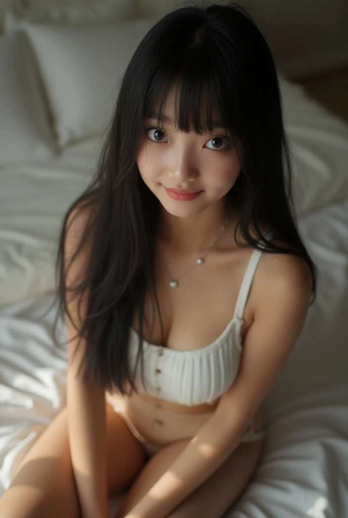 raw photo of a cute 18-year-old japanese girl with black long hair and bang between eyes, Realistic photos、Focus on the face of a cute idol high school girl、Bikini、Beautiful sitting , M-shaped legs, photograph,