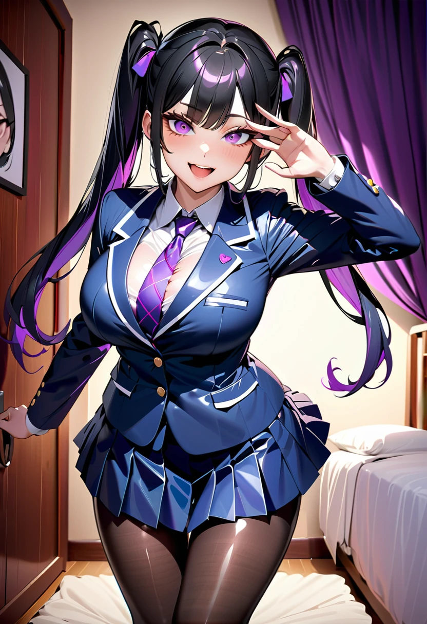  Young Beautiful Woman ,(Best Quality, Extremely Detailed Description , incredibly absurd high definition,Curvaceous Body),( Shiny Skin),(beautiful school uniform ,blazer, pleated skirt,latex,Purple tie, black tights,boots),(Black Hair, twin tails,Purple Eyes,Crazy Eyes, half-closed eye:1.3, bewitching a smile,Glossy lips,Seductive gestures, characters with open mouth ,Beautiful legs),Full body image:1.2,background:Bedroom at night