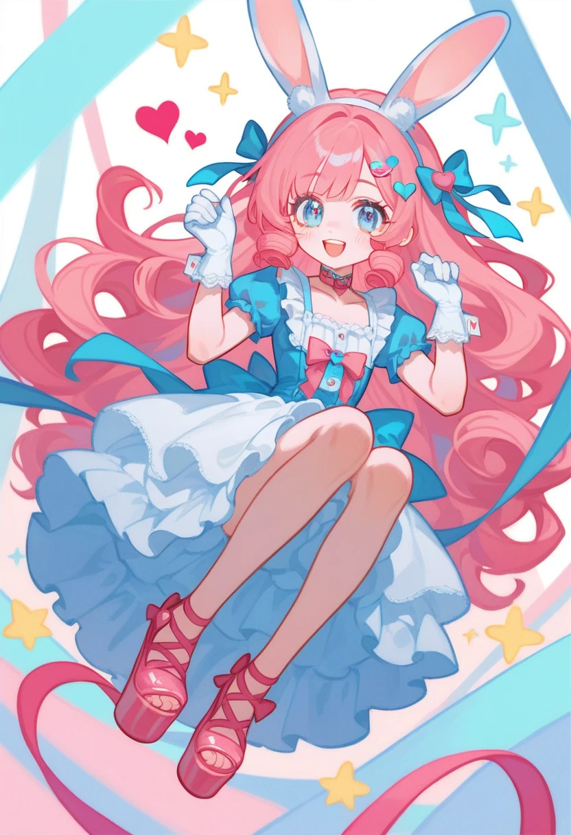  score_9,  score_8_up,  score_7_up,  score_6_up,  score_5_up,  score_4_up,  1 girl,  Pink Hair, Long Curls,  blue eyes , Bunny ears, Heart shaped hairpin,  ribbon choker , Frill dress, Lace gloves,   platform shoes ,  pastel colors, streaming setup, Cheerful, Bubbling
