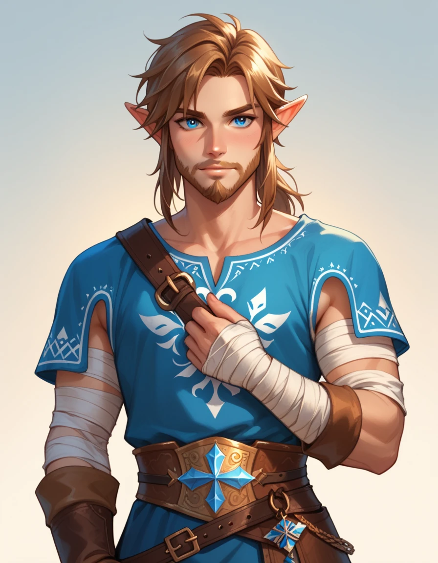 Link Elf Male Adult , Small Beard  , Brown hair, blue pupils ,  medieval times Clothing  , Bandage arms  ,  solo ,