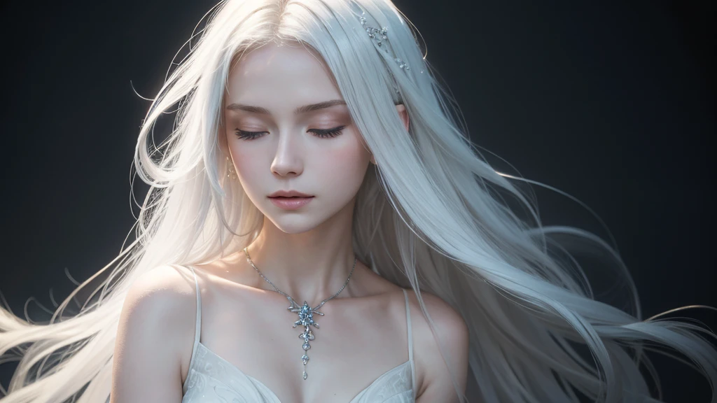 clesch, wearing elegant white dress, long white hair, pale skin, closed eyes, pale thin lips, sexy armpits, soft lighting, goddess atmosphere, simple light luminous black background (best quality,4k,8k, high-resolution, masterpiece:1.2), ultra-detailed, (realistic, photorealistic, photo-realistic:1.37), intricate details, porcelain skin, ethereal, serene, dreamlike, luminous, radiant, heavenly, divine