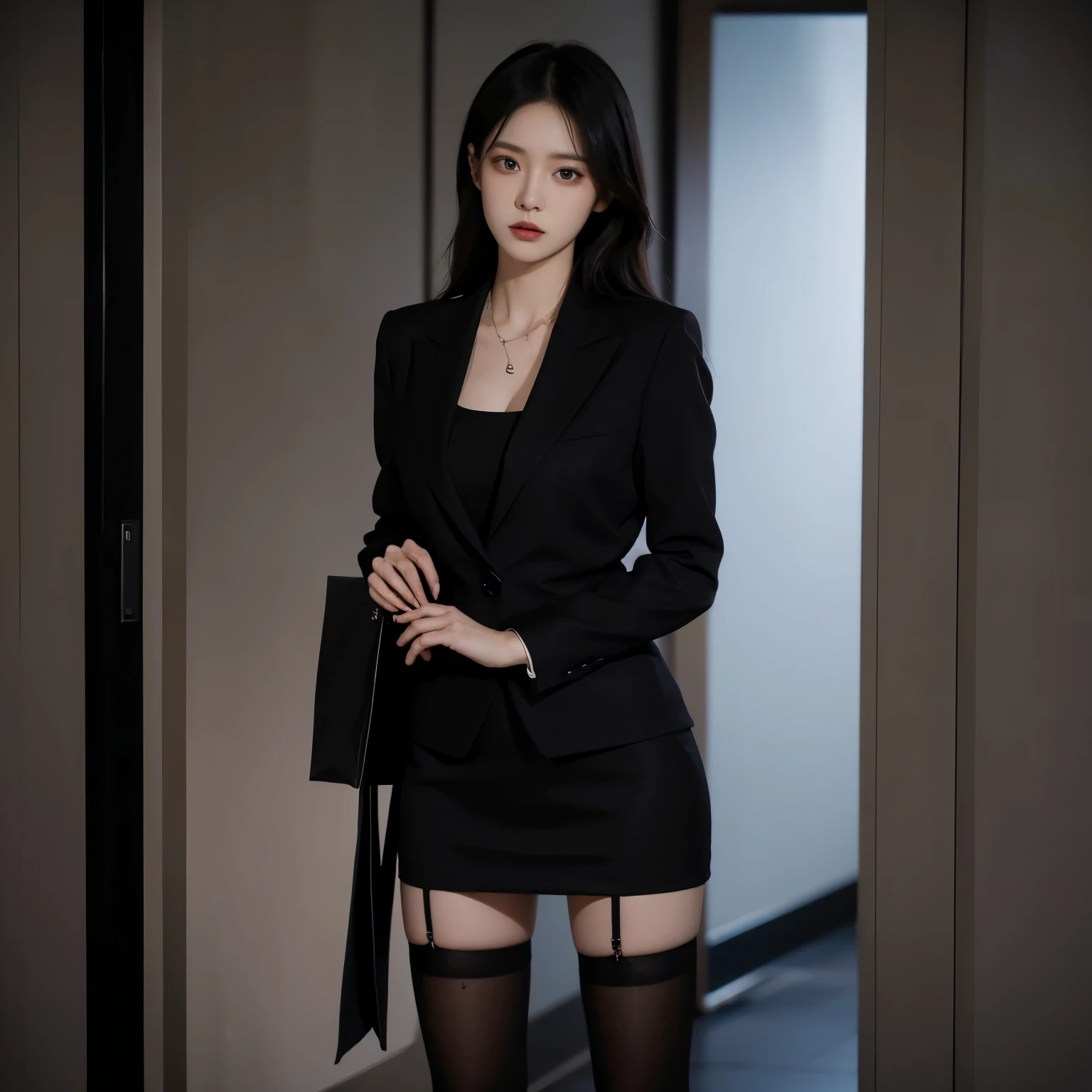 A tall lady ， black suit， Black Skirt ， black stockings，Holding a folder in hand，whole body，Standing， serious expression 