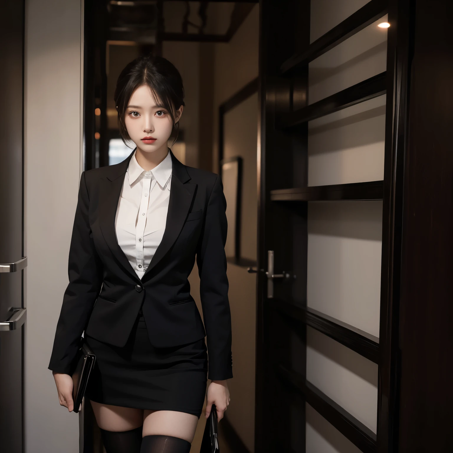 A tall lady ， black suit， Black Skirt ， black stockings，Holding a folder in hand，whole body，Standing， serious expression 