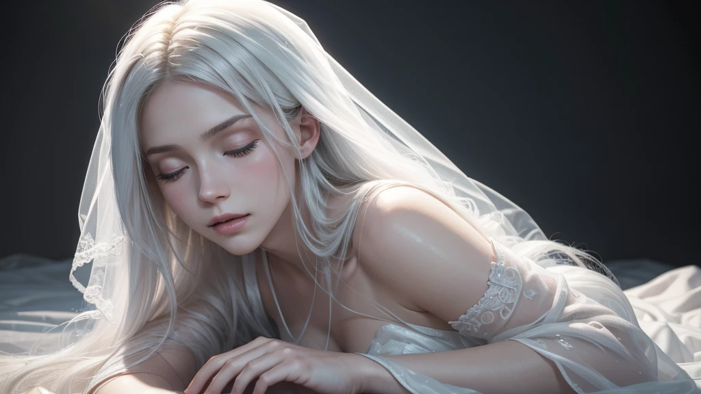 clesch, wearing elegant white dress, long white hair, pale skin, closed eyes, pale thin lips, sexy armpits, soft lighting, goddess atmosphere, simple light luminous black background (best quality,4k,8k, high-resolution, masterpiece:1.2), ultra-detailed, (realistic, photorealistic, photo-realistic:1.37), intricate details, porcelain skin, ethereal, serene, dreamlike, luminous, radiant, heavenly, divine