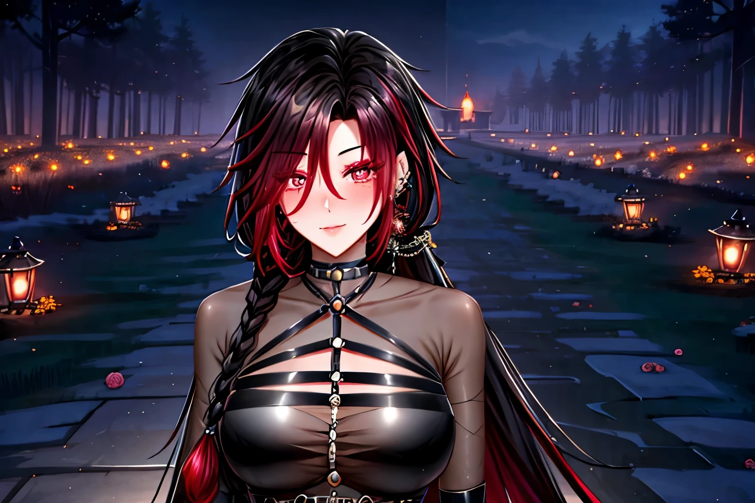 shoujo style, frosty style, (romantic manhwa), 1 girl, black cyclamen hair, solo, long braided hair, long braid, dress, red cyclamen eyes, mascara, makeup, elbow gloves, bra, jewelry, many ear piercings, viewer, clavicle, accessories, upper body, parted bangs, braided hair, side braid, black dress, bangs, outdoors, detailed eyes, dynamic cut, walking in a rose field at night, flowers, warm, summer environment, beach, evil smiles, happy halloween! ghosts, witch, zombies in the background