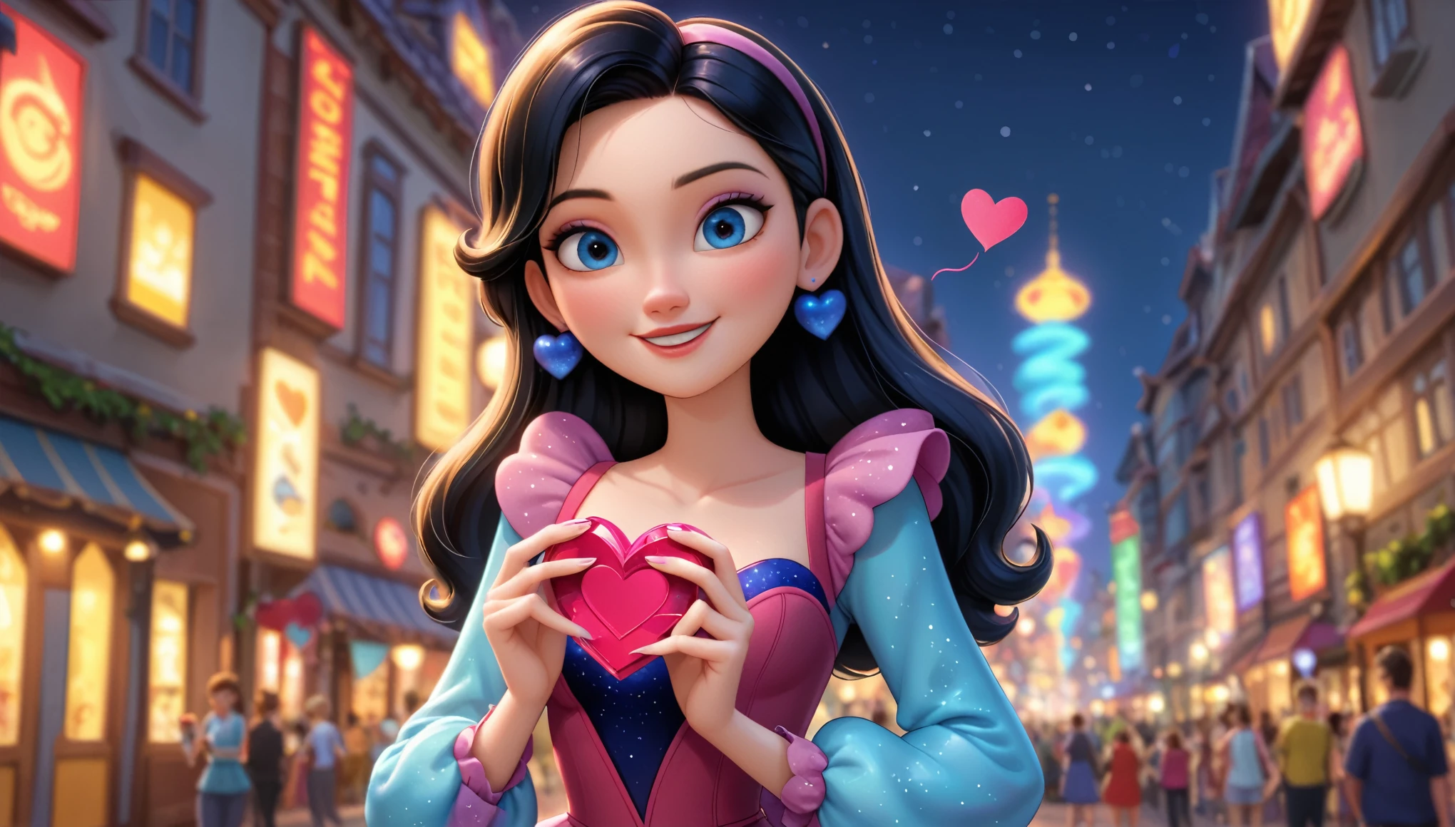 high definition image, disney pixar 3d style, with a young woman with long, straight hair , wearing a colorful blouse , holding a heart-shaped puzzle piece . She looks at a vibrant setting , symbolizing God's love as the solution that fills the void.