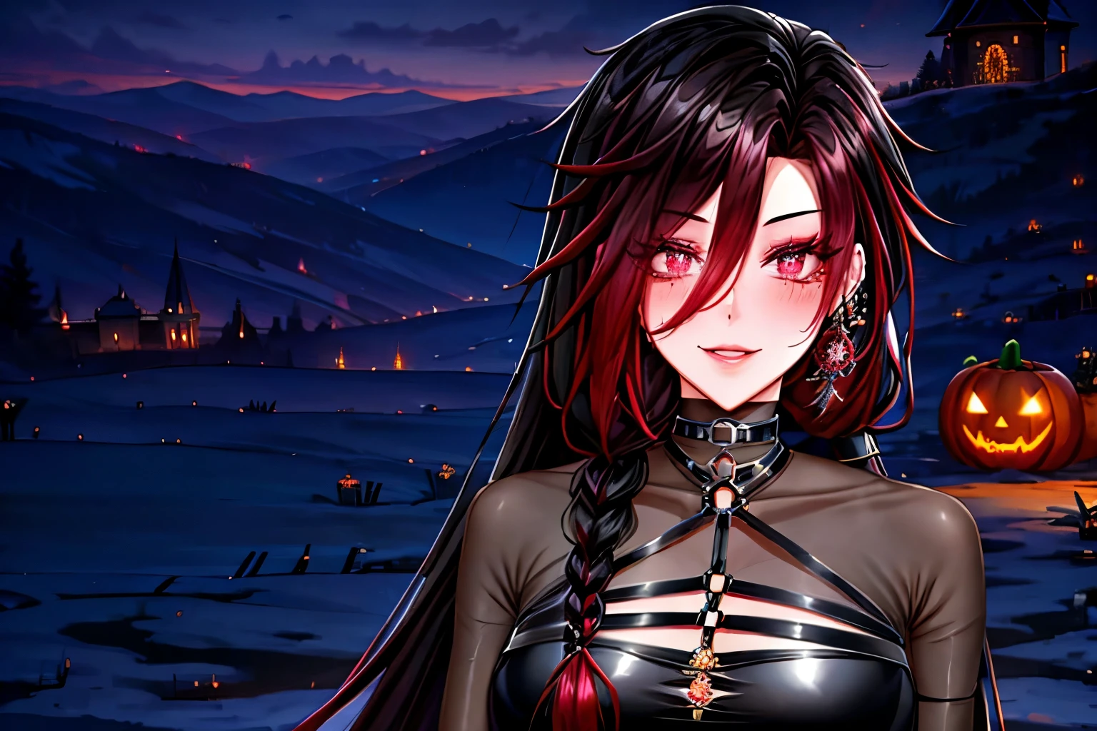 shoujo style, frosty style, (romantic manhwa), 1 girl, black cyclamen hair, solo, long braided hair, long braid, dress, red cyclamen eyes, mascara, makeup, elbow gloves, bra, jewelry, viewer, clavicle, accessories, upper body , parted bangs, braided hair, side braid, black dress, bangs, outdoors, detailed eyes, dynamic cut, night walk at the vampire castle, halloween, evil smiles, happy halloween! ghosts, witch, pumpkin lanterns in the background, Halloween pumpkins,