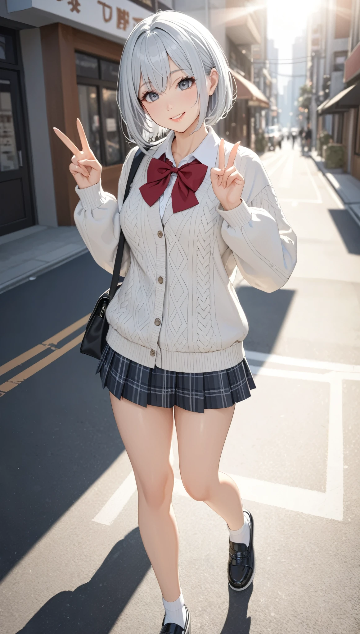 1 Japanese sexy girl, ((shiny silver hair)), bob cut, bang between eyes, beautiful hair), (glossy silver eyes:1.5), (beautiful eyes, twinkle eyes, large eyes), (athlete body, large breasts), cute face, beautiful face, pretty face, beautiful, good anatomy, long eyelashes, expressive eyes, Perfect Hands, glossy lips,
BREAK (School Uniforms:1.3), (wear a beige cable knit-sweater over a white collared-shirt:1.4), (tucked out sweater, sweater pull:1.3), (red bow:1.4), (plaid pattern pleated skirt:1.3), holding a black school bag,
BREAK 1girl, morning, walking, making peace sign, sunny, city street, smile, happy
BREAK (masterpiece amazing quality:1.2), cute, beautiful, (zentangle:1.2), full body detailed, 32K, high details, perfect lighting, perfect anatomy, sharp outline, high definition, extreme illustration,
