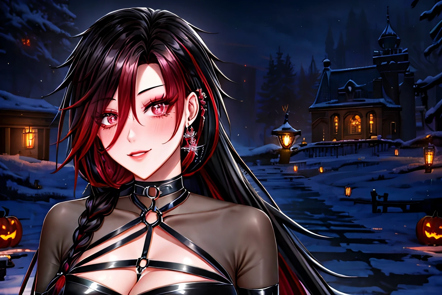 shoujo style, frosty style, (romantic manhwa), 1 girl, black cyclamen hair, solo, long braided hair, long braid, dress, red cyclamen eyes, mascara, makeup, elbow gloves, bra, jewelry, viewer, clavicle, accessories, upper body , parted bangs, braided hair, side braid, black dress, bangs, outdoors, detailed eyes, dynamic cut, night walk at the vampire castle, halloween, evil smiles, happy halloween! ghosts, witch, pumpkin lanterns in the background, Halloween pumpkins, horror, 