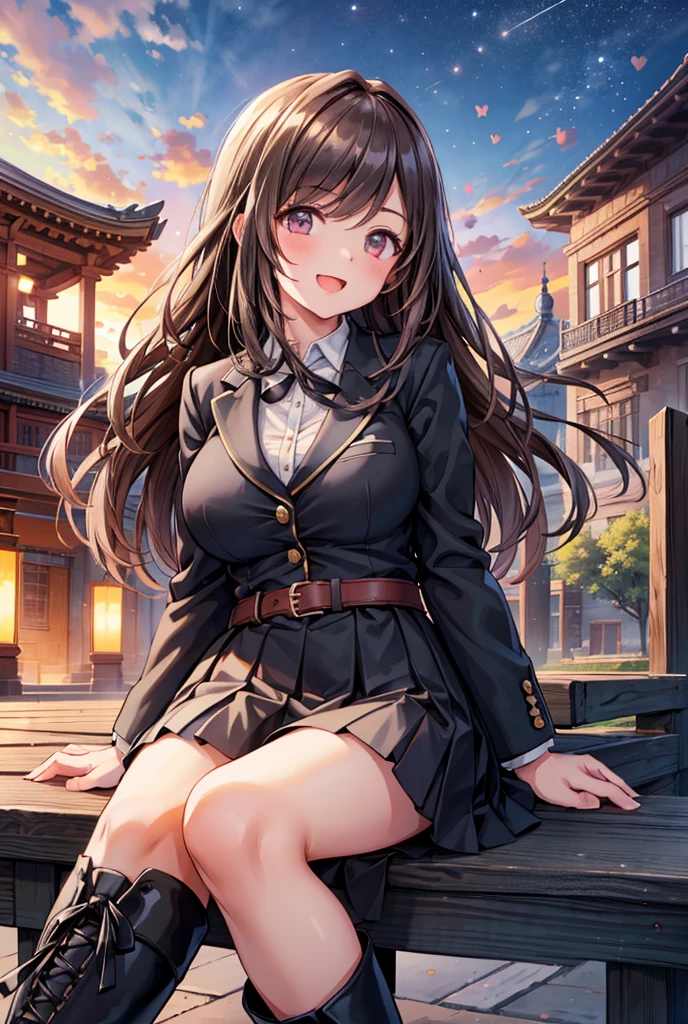  1 girl, solo,  high definition, Long Hair, (( big breasts at the temple)), smile,  Teal Eyelids, Brown Hair, ,  high definition, masterpiece, accurate,  anatomically correct , 最 high quality,  detail, 高い detail,  high definition model with belt ,  high quality,  very detailed,  textured skin around the chest,  Ultra High Definition, (( high school studentsの制服)), Having fun, (( black long boots with black ribbons)), whole bodyを強調, night, Starry Sky, autumn, (whole body), whole bodyをフレームイン, Teenage Girls,  high school students, blazer, Open your mouth, Cheerfully, (( Heart Bubbles)), Panty shot, White underwear, Italian cafe , Terrace seats, Italian cityscape, Hold a coffee cup with both hands, Sitting on a chair, (( crosses legs)), , , , 