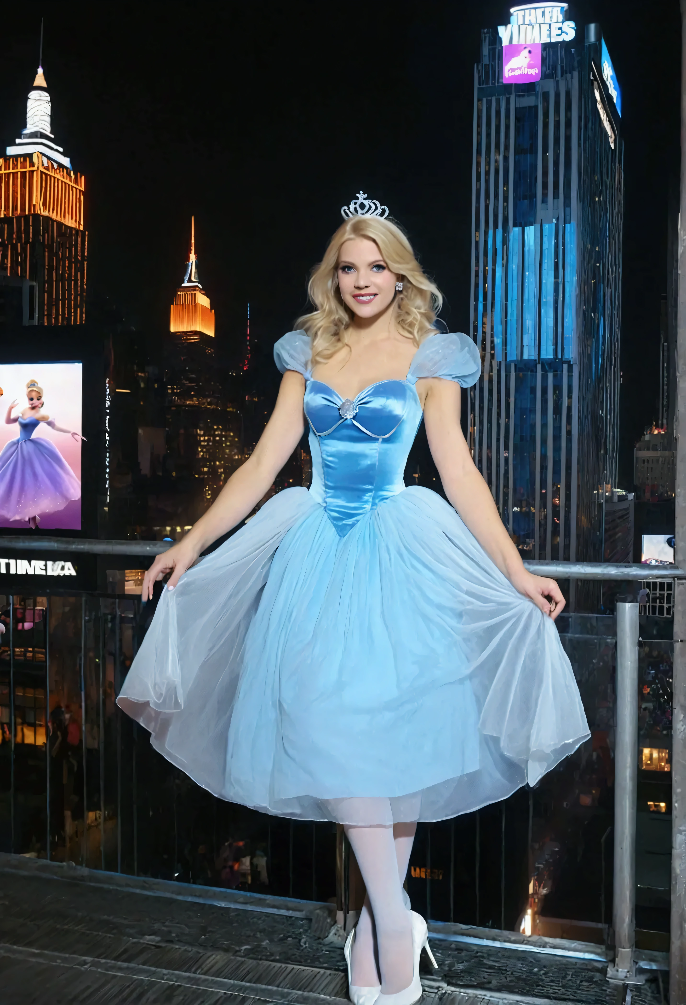 Create an image of a blonde woman dressed as Cinderella, supermodel body, perfect face wearing a blue princess midi dress with white sheer tights and white heels. At a Halloween party on top of a tall building overlooking Times Square, the place is filled with white smoke, purple black lights, decorations of ghosts, spiders, pumpkins and bats. people dancing in a Halloween party atmosphere dressed up. The night 