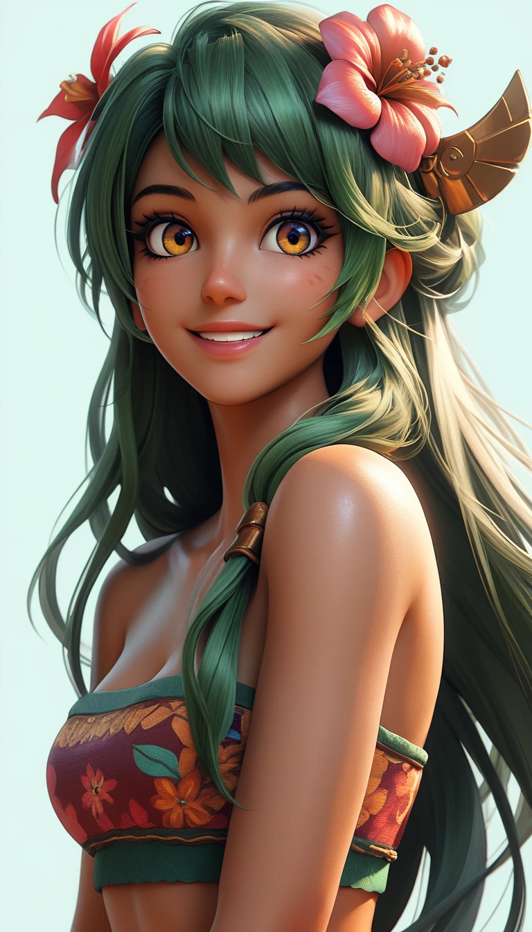 score_9, score_8_up, score_7_up, score_6_up, BREAK, source_cartoon, source_anime, 1girl, SadidaDG, amalia sheran sharm,, green hair, long hair, hair flower, dark skin, bare shoulders, tube top, upper body, smile, looking at viewer, solo, simple background