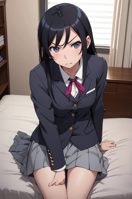 Best Quality, Ayase Aragaki, Black Hair,  in bed,  open crotch ,  small breasts, Angry face,  opens her mouth, Student Uniform