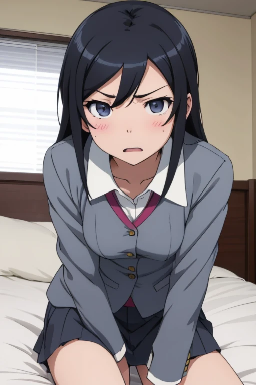 Best Quality, Ayase Aragaki, Black Hair,  in bed,  open crotch ,  small breasts, Angry face,  opens her mouth, Student Uniform