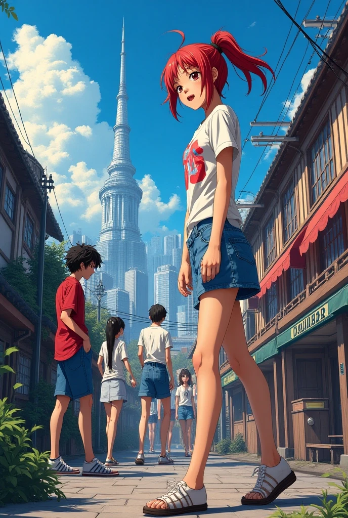 Anime girls in middle of town destroyed by war with tanks and warplanes flying in the background 2D animation 