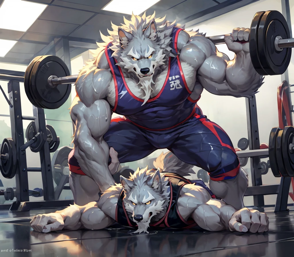  masterpiece , high quality , Japanese cartoon , meticulous eyes ,Hairy gray wolf male, law, Great body,Strong arms,  Gym, exercise, Paralyzed on the ground, Wet,  Gym suit, author：null-ghost,Pino Daeni