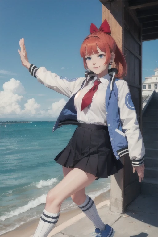 kyoko \(rcg\), letterman jacket, white shirt, red necktie, pleated skirt, kneehighs, blue sneakers, looking at viewer, serious, smiling,
standing, outside, city, bridge, ocean, blue sky, big breast, extreme detail, masterpiece,  in a dynamic pose, saltando dando una patada en el aire, alzando la pierna para dar una patada en el aire rompiendo una palmera.