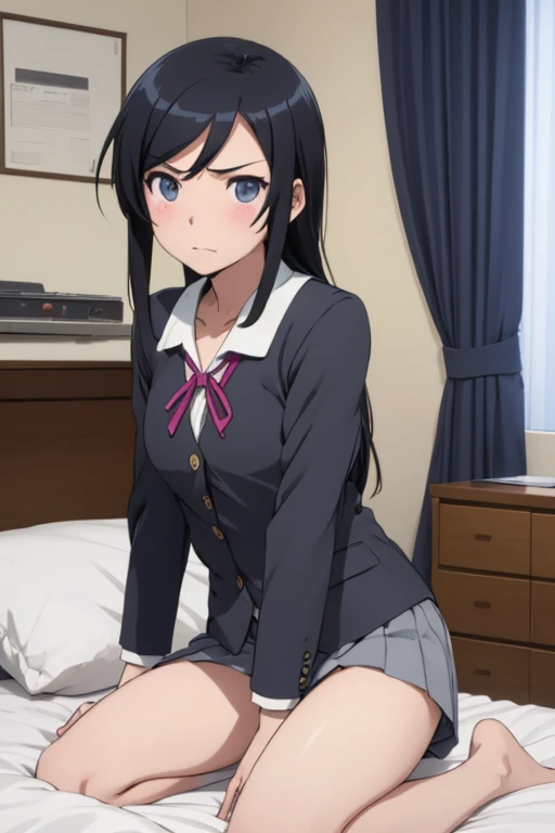 Best Quality, Ayase Aragaki, Black Hair,  in bed,  open crotch , riding on a man,  small breasts, Angry face,  opens her mouth, Student Uniform, Light clothing