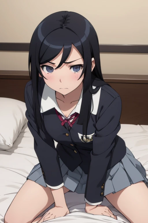 Best Quality, Ayase Aragaki, Black Hair,  in bed,  open crotch , riding on a man,  small breasts, Angry face,  opens her mouth, Student Uniform, Light clothing