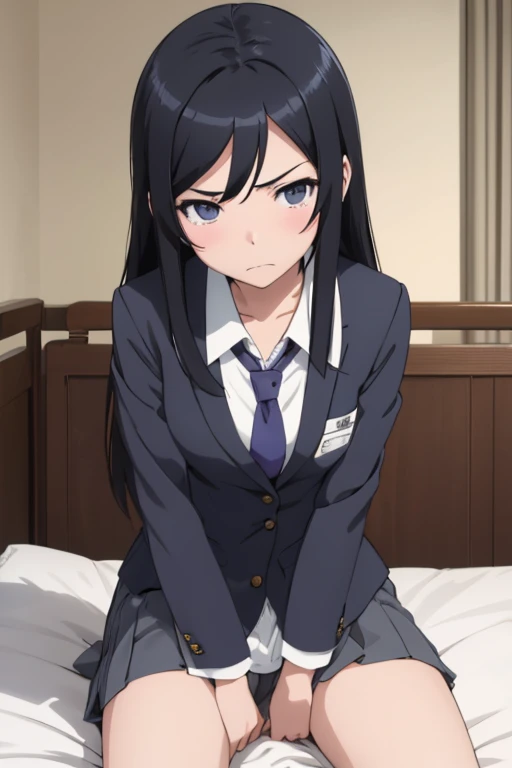 Best Quality, Ayase Aragaki, Black Hair,  in bed,  open crotch , riding on a man,  small breasts, Angry face,  opens her mouth, Student Uniform, Light clothing