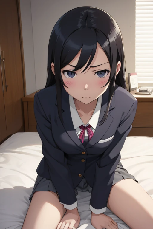 Best Quality, Ayase Aragaki, Black Hair,  in bed,  open crotch , riding on a man,  small breasts, Angry face,  opens her mouth, Student Uniform, Light clothing