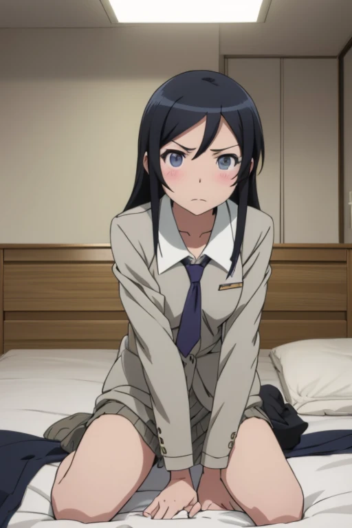 Best Quality, Ayase Aragaki, Black Hair,  in bed,  open crotch , riding on a man,  small breasts, Angry face,  opens her mouth, Student Uniform, Light clothing