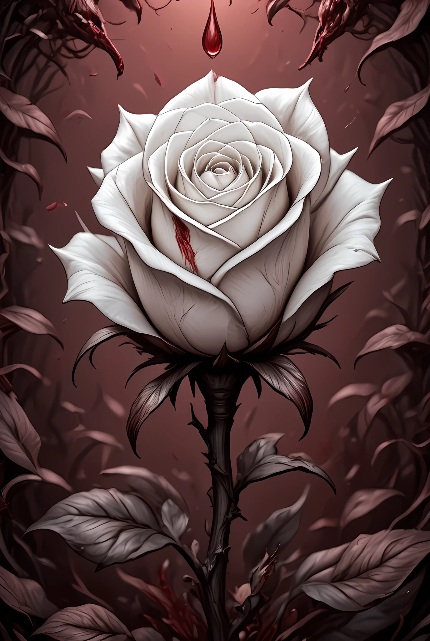 score_9, score_8_up, score_7, arafed high details, best quality, 16k, (ultra detailed: 1.5), masterpiece, best quality, (extremely detailed), RAW, dnd art, fantasy art, an close up picture of a white rose, there is a (drop of blood: 1.3) on its thorn dynamic fantasy background, hyp3rd3tail style, made of blood and gore