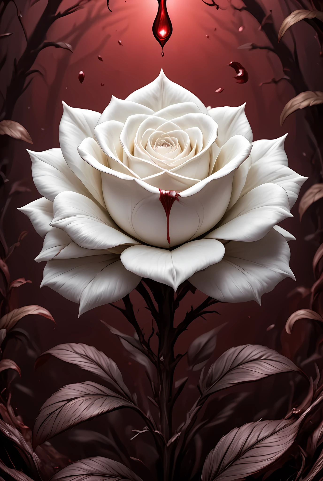 score_9, score_8_up, score_7, arafed high details, best quality, 16k, (ultra detailed: 1.5), masterpiece, best quality, (extremely detailed), RAW, dnd art, fantasy art, an close up picture of a white rose, there is a (drop of blood: 1.3) on its thorn dynamic fantasy background, hyp3rd3tail style, made of blood and gore