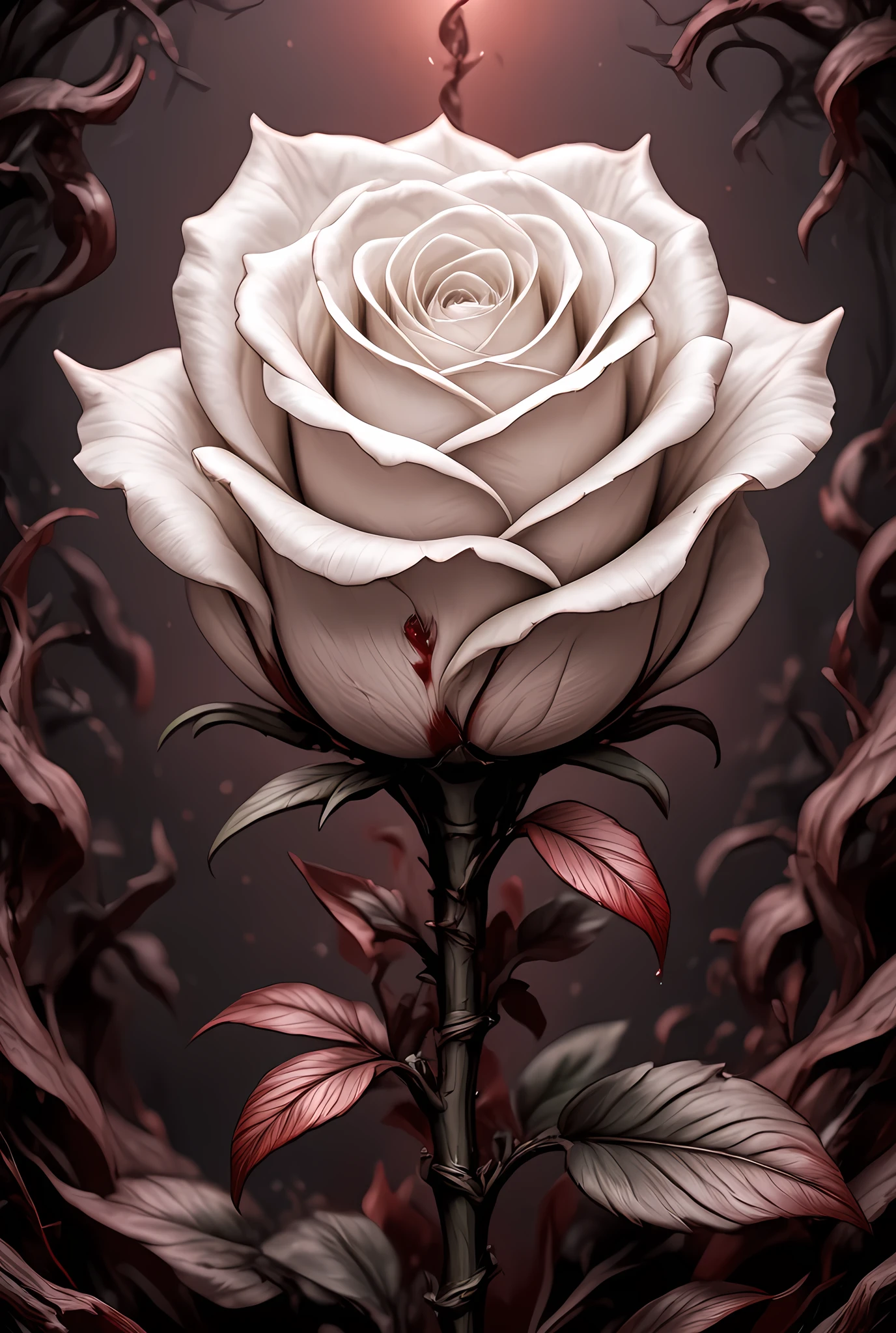 score_9, score_8_up, score_7, arafed high details, best quality, 16k, (ultra detailed: 1.5), masterpiece, best quality, (extremely detailed), RAW, dnd art, fantasy art, an close up picture of a white rose, there is a (drop of blood: 1.3) on its thorn dynamic fantasy background, hyp3rd3tail style, made of blood and gore