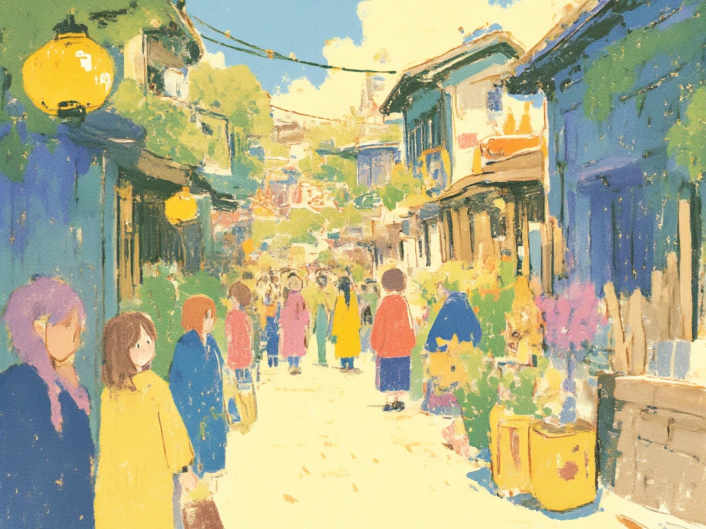 Detailed Crayon illustration, masterpiece, a street full of people, festive Japan everywhere, dust particles in the air, warm color palette, whimsical, retro, old fashioned, 