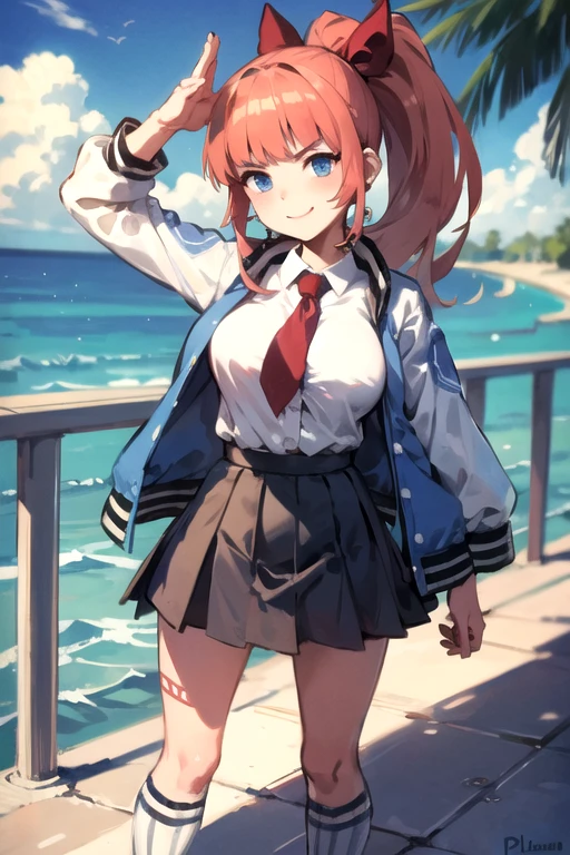 kyoko \(rcg\), letterman jacket, white shirt, red necktie, pleated skirt, kneehighs, blue sneakers, looking at viewer, serious, smiling,
standing, outside, city, bridge, ocean, blue sky, meidum breast, extreme detail, masterpiece,  in a dynamic pose, saltando dando una patada en el aire, alzando la pierna para dar una patada en el aire rompiendo una palmera.