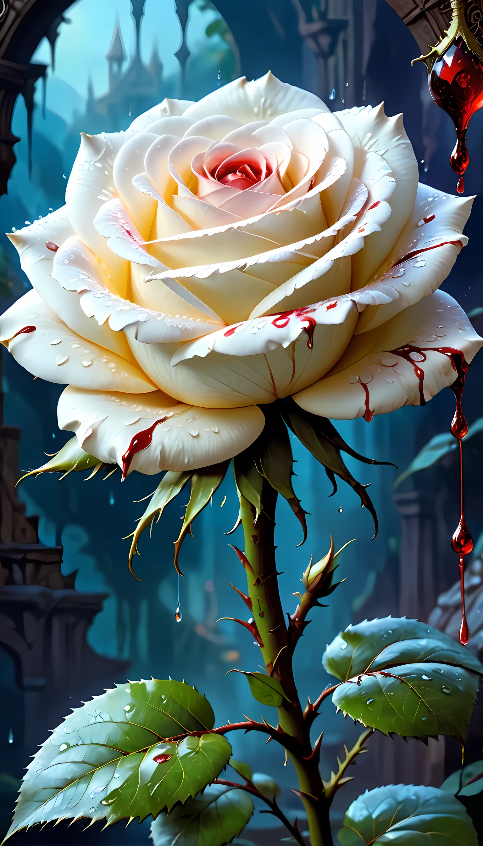 score_9, score_8_up, score_7, arafed high details, best quality, 16k, (ultra detailed: 1.5), masterpiece, best quality, (extremely detailed), RAW, dnd art, fantasy art, an close up picture of a white rose, there is a ((drop of blood on its thorn)) dynamic fantasy background, Blood_Covered